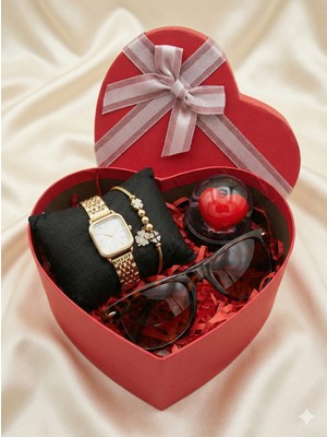 Çok Biz SEVGİLİLER GÜNÜ .DOĞUM GÜNÜ,ANNELER GÜNÜ,ARKADAŞA HEDİYE KUTUSU; Free Woman kadın hediye paketidir:gold renkte kol saati,şık görünümde charm ,fanus içinde kalp küre gözlük ,boncuk bileklik