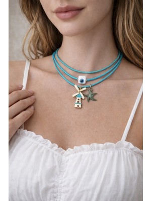 Yağmur Kadın Kolye Takımı 3 Lü Set Deniz Marin Tema Yazlık Plaj Tatil Balayı Kombini Mavi Renk Nazar Boncuk  Yıldız Yel Değirmeni Mavi Turkuaz