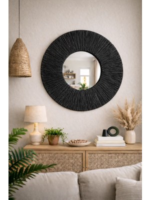 Siyah Yuvarlak Duvar Aynası 30 cm – Bohem Dekoratif Ayna | Salon Antre