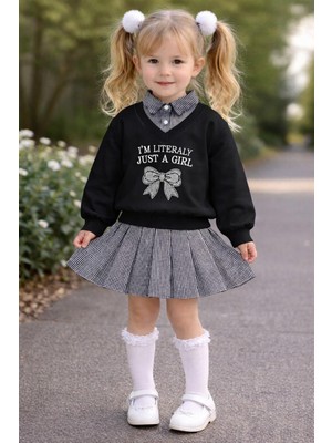 Zepkids Gömlek Yaka Fiyonk Nakışlı Piti Kare Siyah Renk Kız Çocuk Etekli Takım