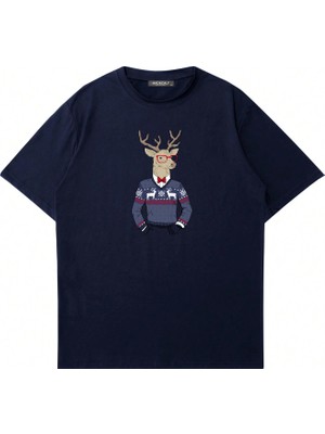 Mad&Calf Unisex Deer Guy Baskılı Bisiklet Yaka Oversize Tshirt