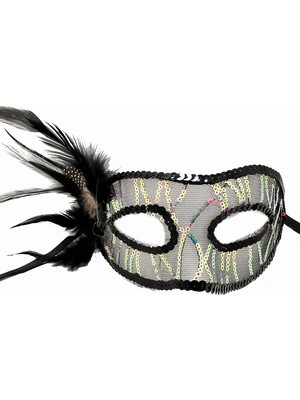 Go İthalat Siyah Renk Yandan Tüylü Pul Payet Işlemeli Parti Maskesi 23X12 cm (5473)