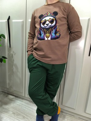 Pidal Giyim Hip-Hop Panda Temalı Pamuklu Uzun Kollu Erkek Çocuk Eşofman Takımı