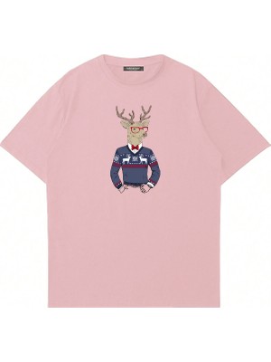 Mad&Calf Unisex Deer Guy Baskılı Bisiklet Yaka Oversize Tshirt