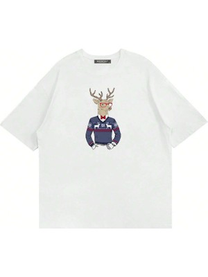 Mad&Calf Unisex Deer Guy Baskılı Bisiklet Yaka Oversize Tshirt