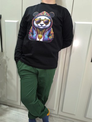 Pidal Giyim Hip-Hop Panda Temalı Pamuklu Uzun Kollu Erkek Çocuk Eşofman Takımı