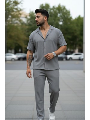 Fifty Color Unisex Trend Bürümcük Krinkıl Kumaş Yazlık Likralı Kısa Kol Gömlek ve Eşofman Takım