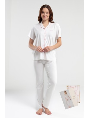 Pierre Cardin Kadın Gömlek Pijamsı Takımı Lisanslı Ürün Pamuklu Modal Kumaş Kısa Kol