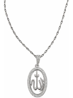 Allah Yazılı Çelik Kolye Taşları Zirkon Gümüş Renk Kararmaz ve Paslanmaz