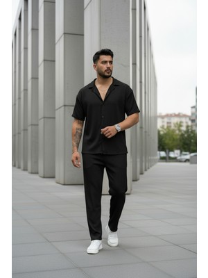 Fifty Color Unisex Trend Bürümcük Krinkıl Kumaş Yazlık Likralı Kısa Kol Gömlek ve Eşofman Takım