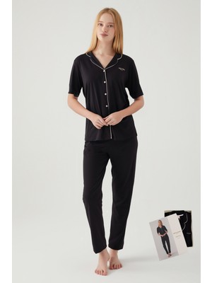 Pierre Cardin Kadın Gömlek Pijamsı Takımı Lisanslı Ürün Pamuklu Modal Kumaş Kısa Kol