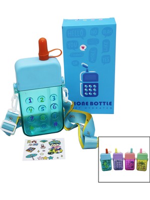 Go İthalat Telefon Modeli Renkli Mika Kristal Suluk Matara Pipetli - Vidalı Kapak - Askılı 300ML (5473)