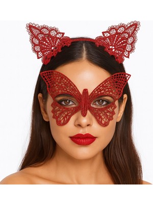 Go İthalat Gösterişli Kırmızı Dantel Maske ve Taç Seti 7 No - Masquerade ve Davetler Için (5473)