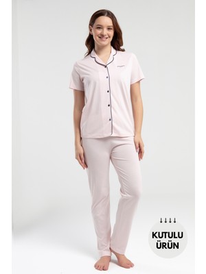 Pierre Cardin Kadın Gömlek Pijamsı Takımı Lisanslı Ürün Pamuklu Modal Kumaş Kısa Kol