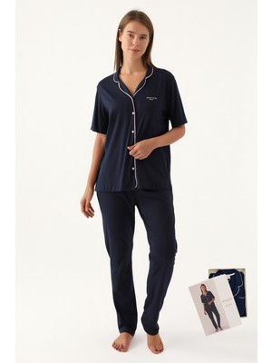 Pierre Cardin Kadın Gömlek Pijamsı Takımı Lisanslı Ürün Pamuklu Modal Kumaş Kısa Kol