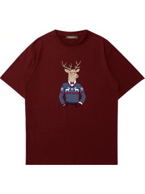 Mad&Calf Unisex Deer Guy Baskılı Bisiklet Yaka Oversize Tshirt
