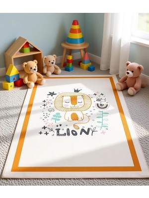 Turuncu Çerçeve Sevimli Aslan Çocuk Odası Halısı