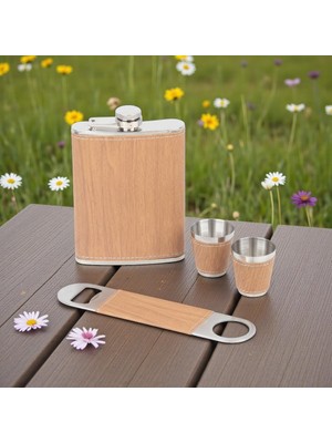 Elifeshop Suni Deri Kaplamalı Paslanmaz Çelik Içki Matarası Bardak & Açacak Seti 8 Oz 240 ml Kamp Cep Matarası