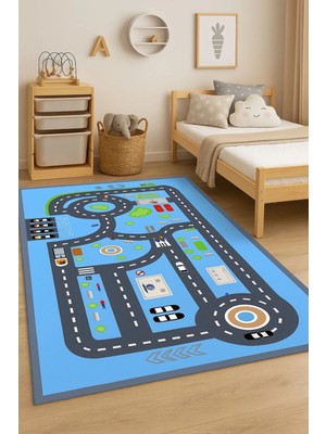 Mavi ve Gri Renk Şeritli Yol Çocuk Odası Halısı