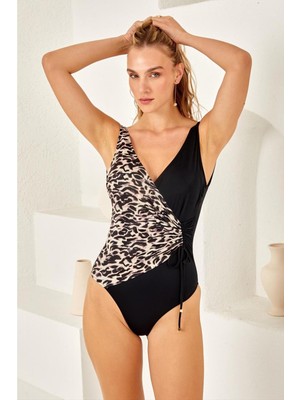 Lapieno Büyük Beden Kruvaze Mayo Kadın Siyah Desenli Askılı Model TR Menşeli