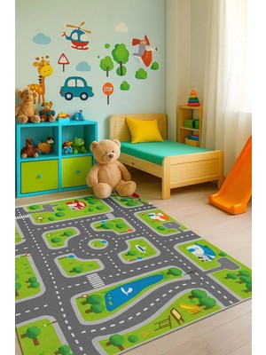Yeşil Renk Şeritli Yol Çocuk Odası Oyun Halısı
