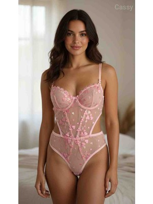 Cassy Kalp Desenli Pembe Transparan Tül Balenli Fantazi Bodysuit