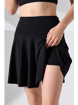 Lapieno Yüksek Bel Şortlu Etek Bikini Altı Mayo Esnek Kumaş Plaj & Spor Şort Etek Siyah