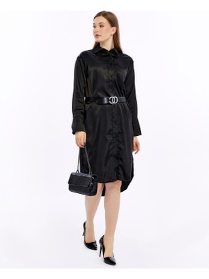 Made by Alisha Uzun Saten Gömlek Elbise – Önden Düğmeli, Geniş Manşetli