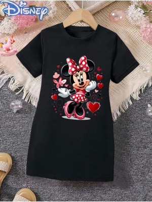 Punix Kids Punıx Kids Özel Seri Minnie'nin Kalpleri Baskılı %100 Pamuk Kısa Kollu Yazlık Kız Çocuk Elbise