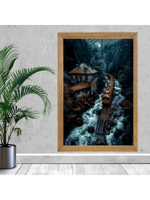 Lioncraft Ormanlı Manzaralı Tren Tablo, Wallpaper, Duvar Tablosu, Çerçeveli Cam Tablo 40X60CM