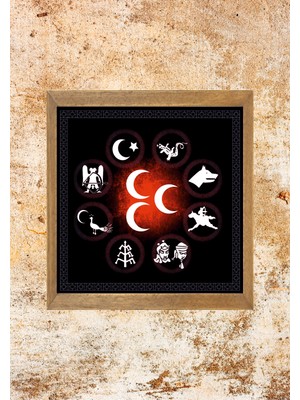 Lioncraft Türk Devletleri Bayrağı Tablo, Çerçeveli Cam Tablo 50X70 cm