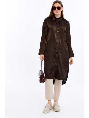 Made by Alisha Uzun Saten Gömlek Elbise – Önden Düğmeli, Geniş Manşetli