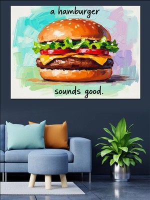 Karizma Tablo Suluboya Hamburger Yemek Sanatı Dekoratif Kanvas - Mdf Ahşap Tablo