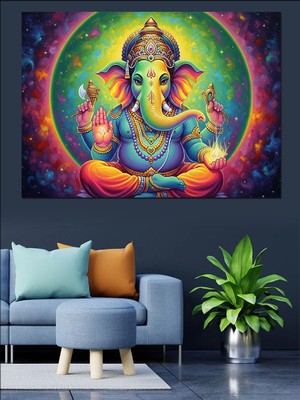 Karizma Tablo Ganesha Hindu Tanrısı Renkli Dekoratif Kanvas - Mdf Ahşap Tablo