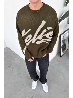 HAFKA Haki Premium Işleme Baskı Oversize Kazak