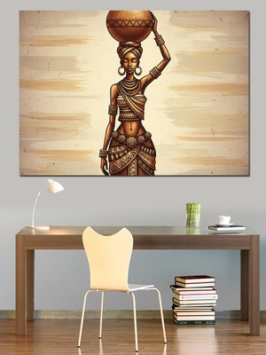 Karizma Tablo Sepet Taşıyan Afrikalı Heykel Dekoratif Kanvas - Mdf Ahşap Tablo