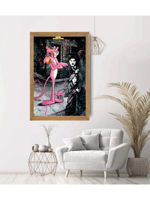 Lioncraft Charlie Chaplin Pembe Panter Tablo, Wallpaper, Duvar Tablosu, Çerçeveli Cam Tablo 50X70CM