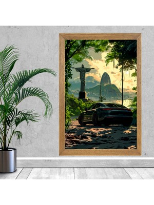 Lioncraft Brezilya Rio De Janerio Kurtarıcı Isa Heykeli, Porche Arabası Tablo, Wallpaper, Duvar Tablosu, Çerçeveli Cam Tablo 50X70CM