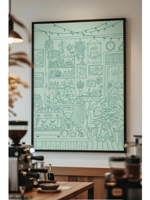 Safir Design Evinizdeki Kahve Köşesi Için Sanatsal Illüstrasyon Tablo, Kahve Keyfi Illüstrasyon Tasarım Çerçeveli Tablo