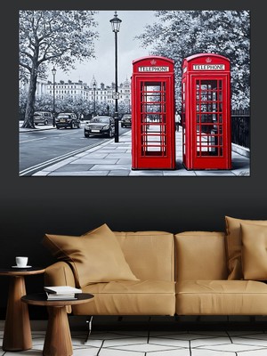 Karizma Tablo Kırmızı Telefon Kulübesi Kar Dekoratif Kanvas - Mdf Ahşap Tablo
