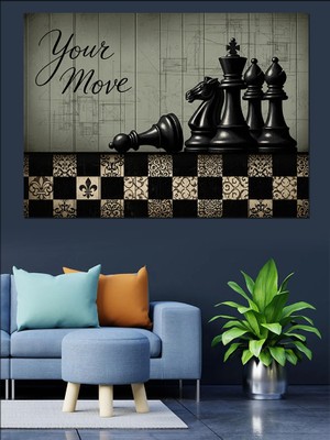 Karizma Tablo Satranç Tahtası Siyah Beyaz Dekoratif Kanvas - Mdf Ahşap Tablo
