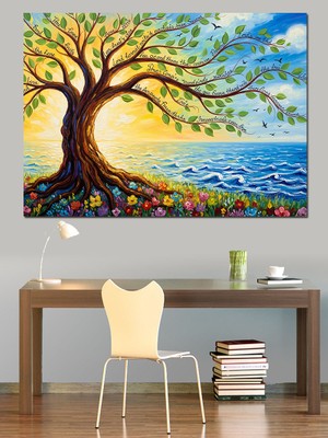 Karizma Tablo Hayat Ağacı Renkli Yapraklar Dekoratif Kanvas - Mdf Ahşap Tablo