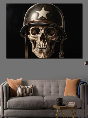Karizma Tablo Miğferli Kafatası Askeri Konsept Dekoratif Kanvas - Mdf Ahşap Tablo