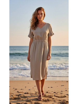 New Hill Bej V Yaka Keten Elbise