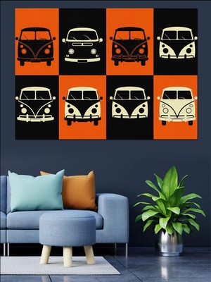 Karizma Tablo Dört Minibüs  Otobüs Çizim Dekoratif Kanvas - Mdf Ahşap Tablo