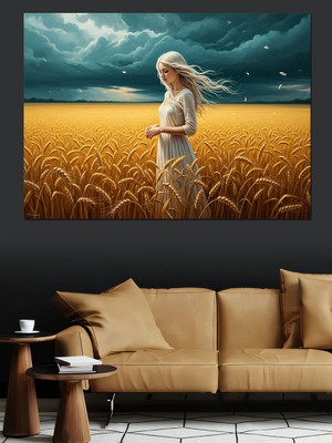 Karizma Tablo Buğday Tarlasında Beyaz Elbise Dekoratif Kanvas - Mdf Ahşap Tablo