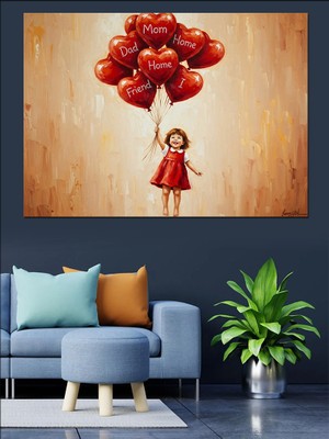 Karizma Tablo Kırmızı Balonlu Uçan Çocuk Dekoratif Kanvas - Mdf Ahşap Tablo