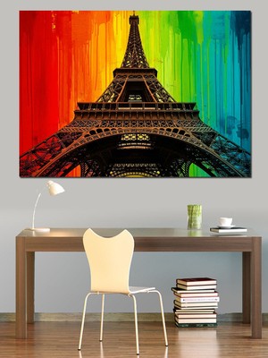Karizma Tablo Eyfel Kulesi Gökkuşağı Renkleri Dekoratif Kanvas - Mdf Ahşap Tablo