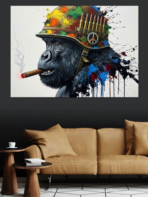 Karizma Tablo Şapkalı Goril Askeri Tarz Dekoratif Kanvas - Mdf Ahşap Tablo