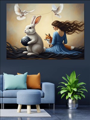 Karizma Tablo Tavşan ve Kız Çocuk Dekoratif Kanvas - Mdf Ahşap Tablo